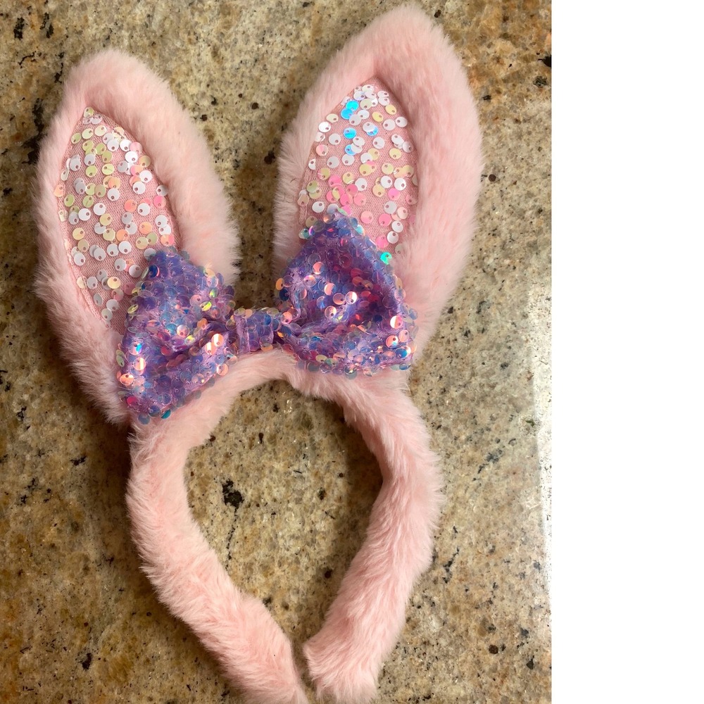 Pink‎ Faux Fur Easter Bunny Ears Headband Iridescent sequin Purple Bow Costumes